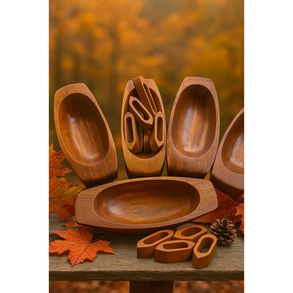 Vintage 6 Wooden Salad Bowl Set with 6 Napkin Rings Midcentury Oblong Bowls - Picture 10 of 11